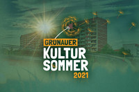 Grafik zum Grünauer Kultursommer 2021 mit eine Pusteblume, Plattenbauten und dem Schriftzug "Grünauer Kultursommer"