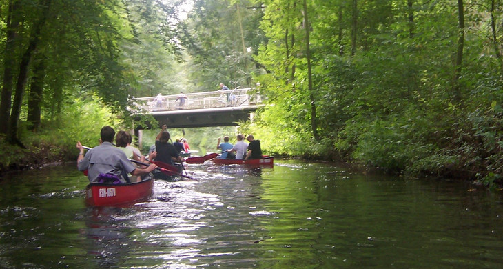 Kanus auf einem Fluß im Auwald