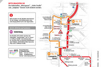 Darstellung der Linienführung der Linien 10 und 11 sowie der Ersatzverkehrs während der Sperrung der KARLI am 15./16. Februar 2014