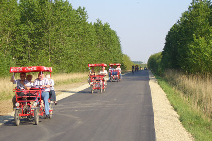 Foto des frisch asphaltierten und verbreiterten Rundwegs Cospudener See 2007 mit drei Kremserrädern und Wald