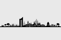 Grafik mit der Skyline markanter Leipziger Gebäude, wie dem City-Hochhaus, dem Rathaus, dem Messe-M, der Oper und dem Völkerschlachtdenkmal.