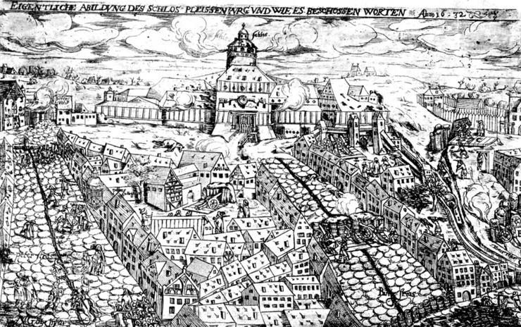 Zeitgenössischer Druck von der Belagerung der Festung Pleißenburg durch schwedische Truppen während des Dreißigjährigen Krieges, 1632.