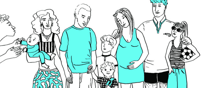 Eine Grafik in den Farben blau, schwarz und weiß zeigt eine Gruppe. Sie besteht aus zwei Männern, zwei Frauen (eine davon ist schwanger) und mehreren Kindern.