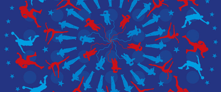 Grafik mit verschiedenen im Kreis angeordneten Figuren: Astronauten, Geigespieler, Ballettänzerin, Basketball- und Footballspieler