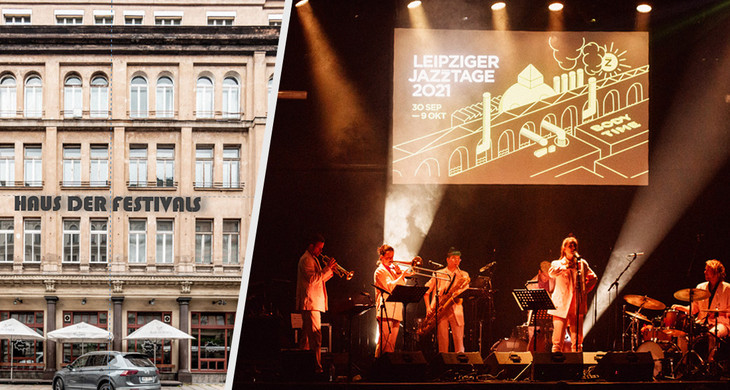 links: Fassadenansicht Gottschedstraße 16, rechts: Auftritt der Band "Fallen Crooner" im Rahmen der 45. Leipziger Jazztage im Oktober 2021