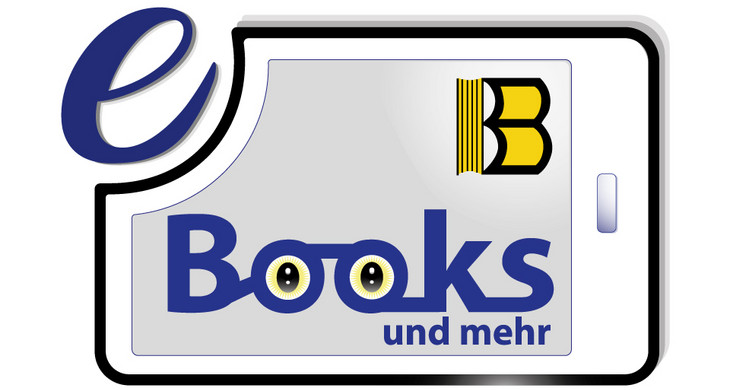 Logo der Onleihe Leipzig, Grafik von einem E-Book-Reader mit der Aufschrift E-Books und mehr