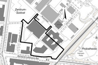 Darstellung des Geltungsbereiches für den vorhabenbezogenen Bebauungsplans Nr. 431 Bau- und Gartenfachmarkt auf der Alten Messe eingezeichnet auf einem Stadtplan.