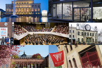 Collage aus verschieden Ansichten von Kulturhäusern der Stadt Leipzig (Oper, Halle14, Gewandhausorchester, Grassi Museum)