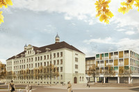Visualisierung der zukünftigen Quartiersschule Ihmelstraße: Ein gründertzeitliches Schulgebäude eingerahmt von zwei Neubauten