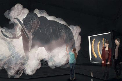 Ein auf Nebel projeziertes Mammut in Lebensgrösse vor dem Besucher stehen.