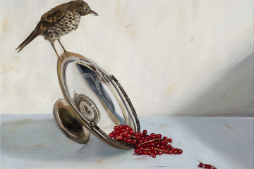 Gemälde: Vogel sitzt auf Kelch mit roten Johannesbeeren