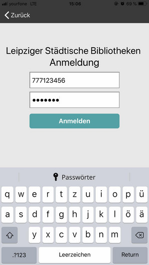 Bildschirmfoto der Anmeldung mit Benutzernummer und Passwort bei der filmfriend App