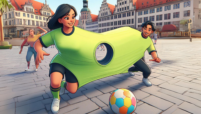 Ein Junge und ein Mädchen in einem gemeinsamen, übergroßen Trikot mit Loch in der Mitte. Sie spielen Fußball auf dem Leipziger Marktplatz.