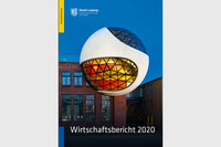 Titelblatt des Leipziger Wirtschaftsberichtes mit einem Ziegelsteinfabrikgebäude an dem ein kugelförmiger Anbau angebaut wurde. 