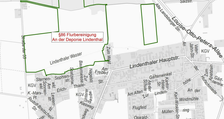 Die Umringsgrenzen des Flurbereinigungsverfahrens "An der Deponie Lindenthal" sind auf einer Karte dargestellt