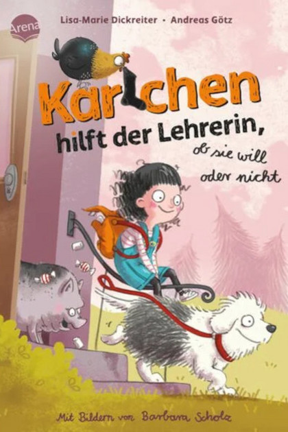 Buchcover "Karlchen hilft der Lehrerin - ob sie will oder nicht": Karlchen, Benni der Hund und Umberto, das Hängebauchschwein verlassen ein Haus
