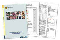 Titelblatt und teilweise sichtbare Einzelseiten des Ergebnisberichtes der Migrantenbefragung mit verschiedenen Zahlentabellen und Diagramme. Auf dem Titelblatt sind Porträts verschiedener Menschen sichtbar.