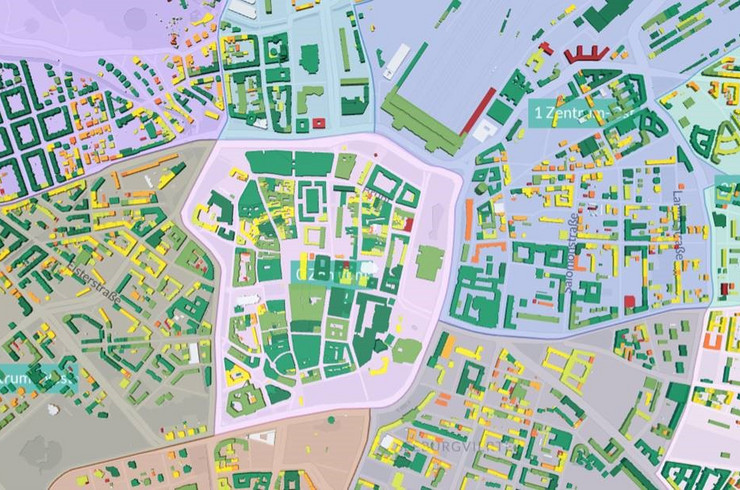 Stadtplan von Leipzig zur Analyse der Wärmeversorgung mit verschiedenfarbig markierten Bereichen.