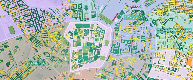 Stadtplan von Leipzig zur Analyse der Wärmeversorgung mit verschiedenfarbig markierten Bereichen.