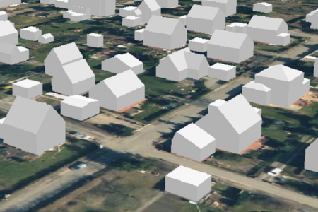 Ausschnitt aus dem 3D-Stadtmodell. Die Gebäude sind als Klötzchen mit einfachen Dachformen dargestellt.