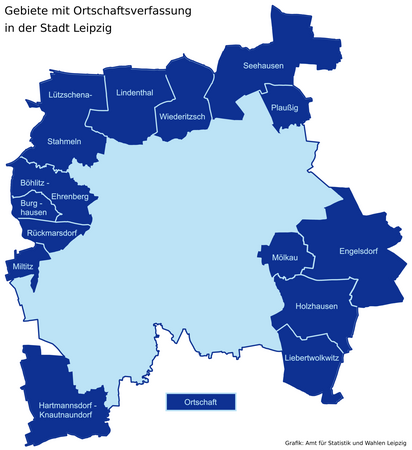 Karte mit den Ortschaften in der Stadt Leipzig mit dem Gebietsstand zum 01.10.2013.