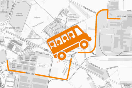Stadtplanausschnitt mit Kennzeichnung der Fahrtstrecke zwischen Leipzig Messegelände und BMW-Werk