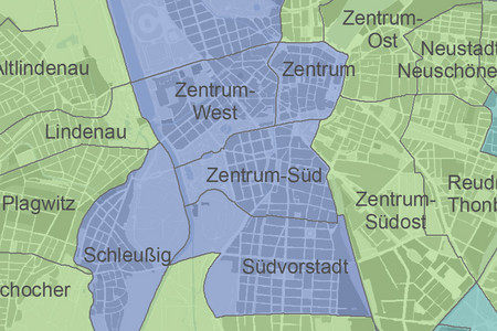 Auf einer Karte werden die Ortsteile Zentrum-West, Zentrum, Zentrum-Süd, Südvorstadt und Schleußig gezeigt