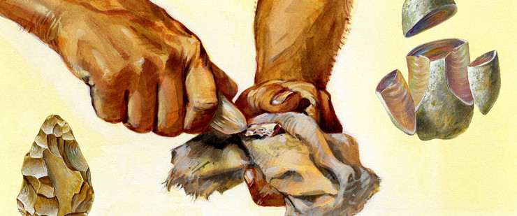 gemalte Hände eines Steinzeitmenschen bei der Werkzeugherstellung