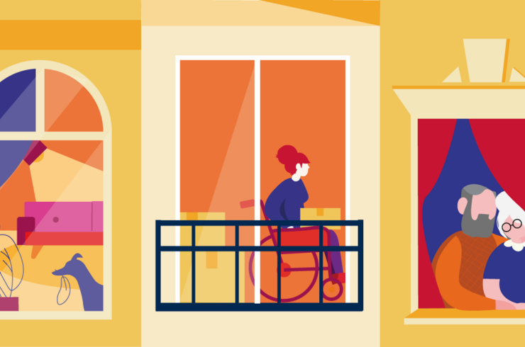 Grafik mit Fenstereinblicken in verschiedene Wohnungen. Ein Hund, eine Frau im Rollstuhl am Balko und ein älteres Pärchen, schaut aus dem Fenster. 
