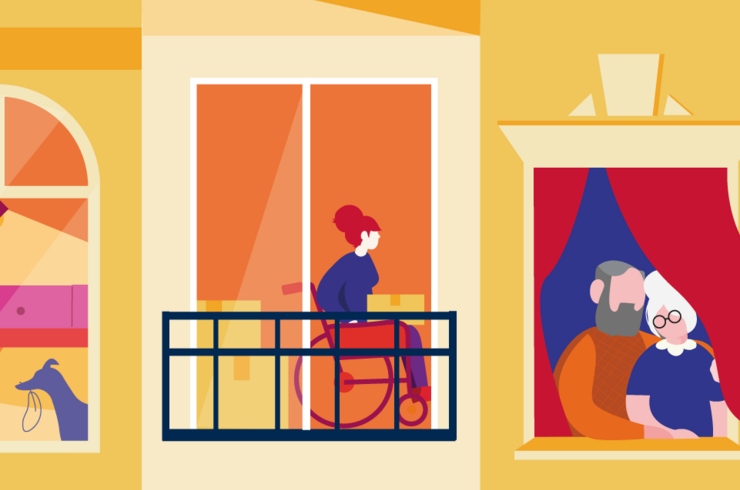 Grafik mit Fenstereinblicken in verschiedene Wohnungen. Ein Hund, eine Frau im Rollstuhl am Balko und ein älteres Pärchen, schaut aus dem Fenster. 