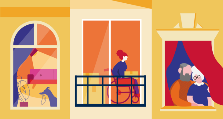 Grafik mit Fenstereinblicken in verschiedene Wohnungen. Ein Hund, eine Frau im Rollstuhl am Balko und ein älteres Pärchen, schaut aus dem Fenster.