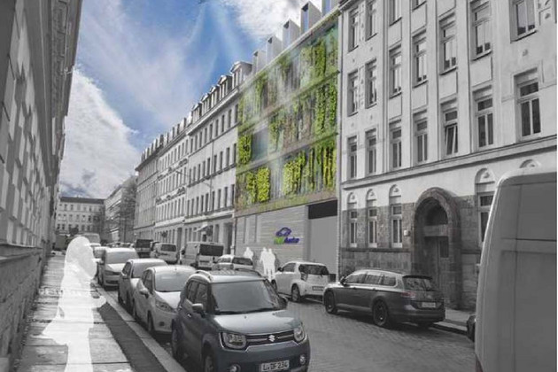 Projektskizze für das künftige Wohngebäude Cichoriusstraße 8 mit begrünter Fassade, die von der Sonne angestrahlt wird 