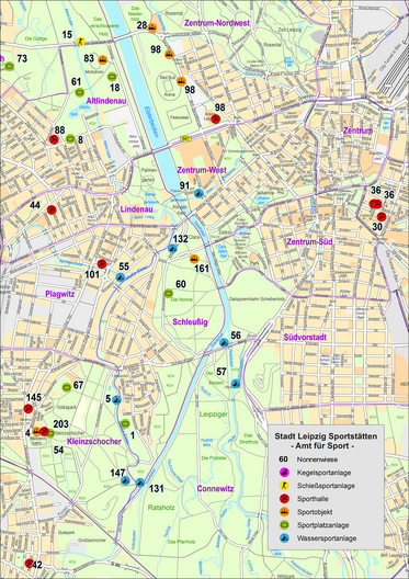 Thematische Karte auf Grundlage der Geobasisdaten - Sportstätten der Stadt Leipzig. Kartengrundlage ist der Stadtplan im Maßstab 1:21000