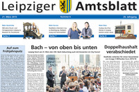Titelseite des Leipziger Amtsblattes vom 21.03.2015 zeigt ein Geburtstagskonzert für Johann Sebastian Bach vor dem Bachdenkmal