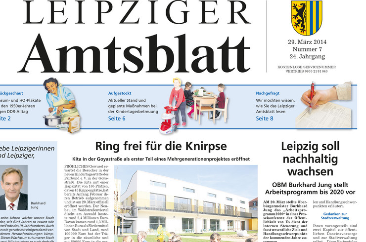 Titelseite des Leipziger Amtsblatts vom 29. März 2014 zeigt Kinder vor ner neuen Kita Goyastraße