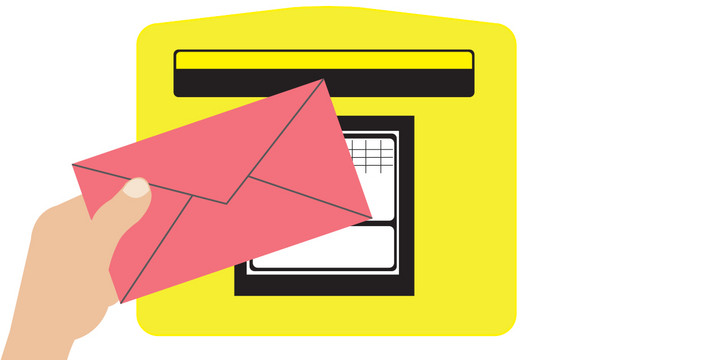 Grafische Darstellung eines gelben Post-Briefkastens in den gerade ein roter Briefumschlag gesteckt wird.