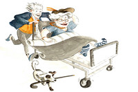 Karikatur; ein Senior schiebt sehr schnell eine Seniorin im Krankenbett, daneben ein kleiner Hund mit Krückstock im Maul