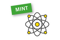 Piktogramm von einem Atom (mehrere übereinander liegende ovale Linien mit gelben Punkten darauf), daneben der Schriftzug "MINT"