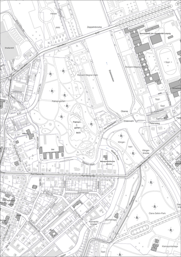 Ausschnitt aus der digitalen Stadtkarte Leipzigs mit grauer Ausgabe und Flurstückskennzeichnung