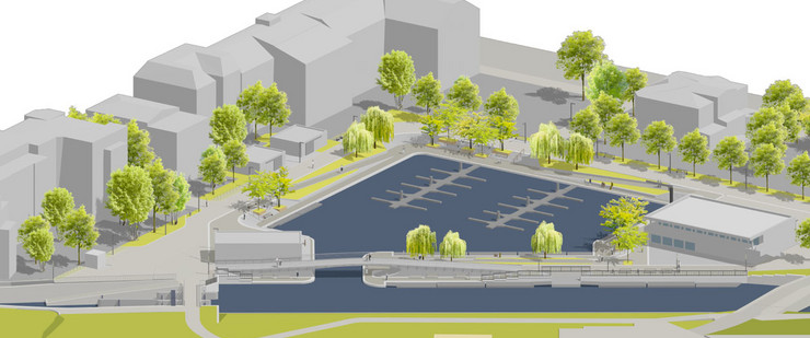 Visualisierung des künftigen Stadthafens mit Hafenbecken, Bootsstegen, Stadtgrün und angrenzender Bebauung