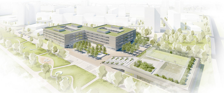 Luftbild Visualisierung der Schule Campus Dösner Weg mit dreistöckigen Schulgebäude, Sportplätzen und umliegender Bebauung.