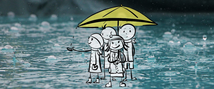 Der Regen wirft große Blasen auf dem Asphalt. unter einem gemeinsamen, gelb gezeichneten Schirm haben sich vier gezeichnete, ganz verschiedene Menschen zusammengefunden und stehen eng beieinander. Einer schaut noch ängstlich. Die drei anderen fühlen sich wohl. Der Regen macht ihnen nichts mehr aus.