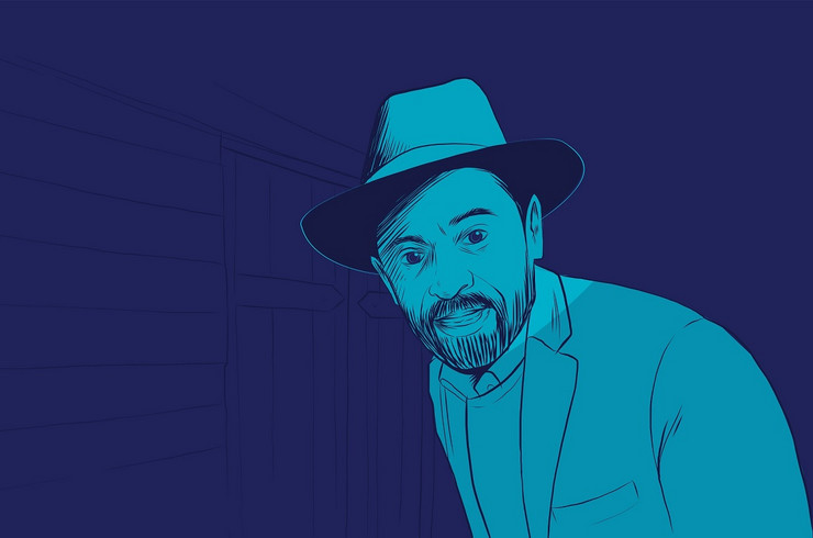 Grafisch in Blau gehalten eine Zeichnung des Museumsdirektors als Visual des Podcasts.