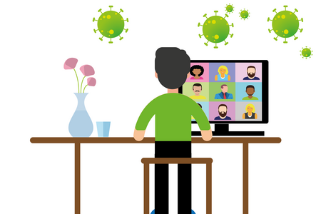Zeichnung: Man steht an einem Tisch und schaut auf einen Bildschirm, auf dem Bilder anderer Menschen zu sehen sind (Videokonferenz). Um ihn herum sind große Corona-Viren gezeichnet.