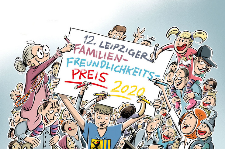 Plakat zum Familienfreundlichkeitspreis 2020 mit vielen gezeichneten unterschiedlichen Menschen, die das Plakat 12. Leipziger Familienfreundlichkeitspreis 2020 hochhalten und zeichnen.