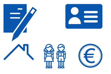 Icons für einen Antrag, einem Ausweis, einem Hausdach, Kindern und einer Euromünze