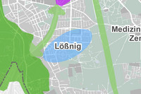 Auf einer Karte ist das Gebiet von Lößnig markiert.