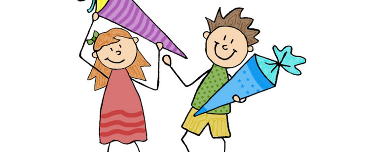 Zeichung von einem Mädchen und einem Jungen, die lachend ihre Zuckertüten nach oben halten
