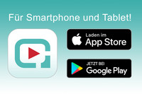 Blauer Hintergrund, Überschirft in weiss: Für Smartphone und Tablet. Darunter Logo der filmfriend App, Logo vom Apple App Store, Logo vom Google Play Store