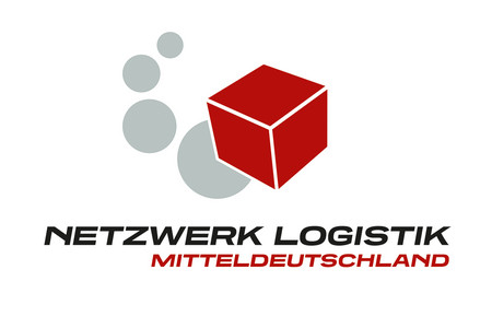 Logo des Netzwerk Logistik Mitteldeutschland - roter Würfel mit Schriftzug